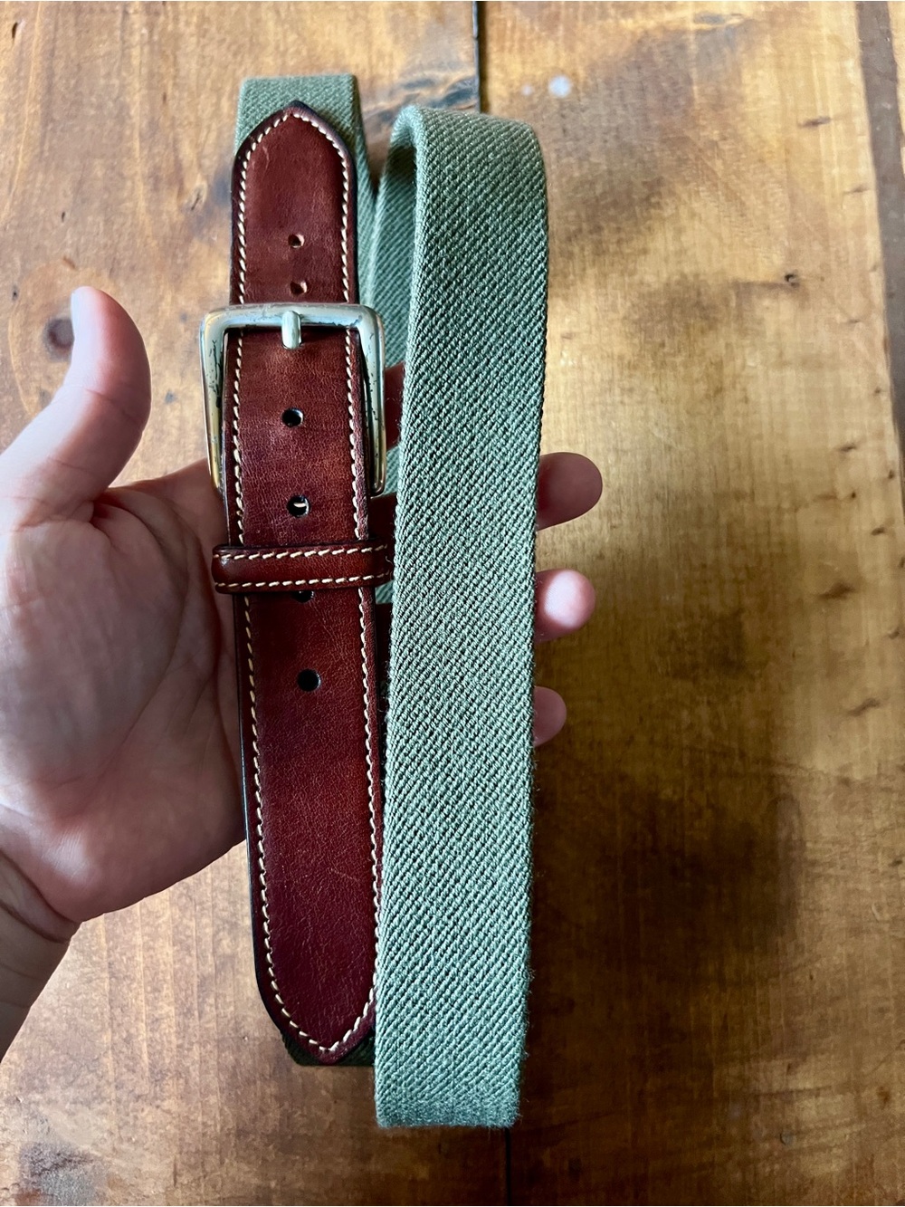 Men's Green Canvas and Brown Leather Belt - Classic Casual
